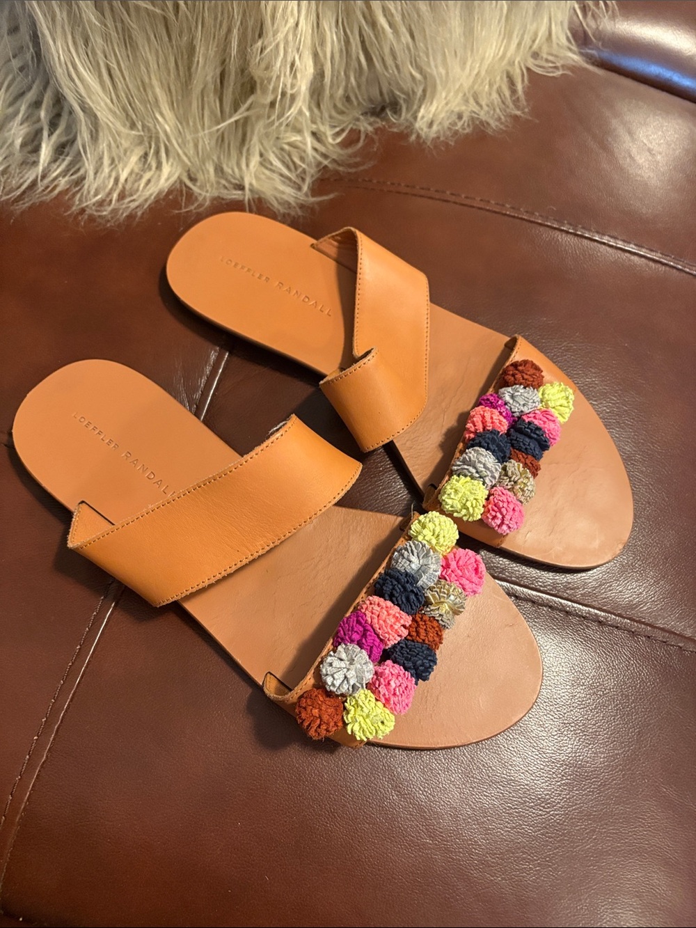Loeffler Randall Tan Leather Slide Sandals with Colorful Pom Accents 9.5